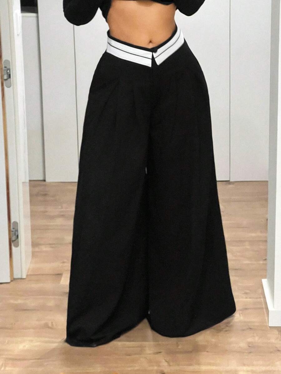 SHEIN ICON Removable Contrast Waist Band Extra Wide Leg Super Long Pants - Black - View 1