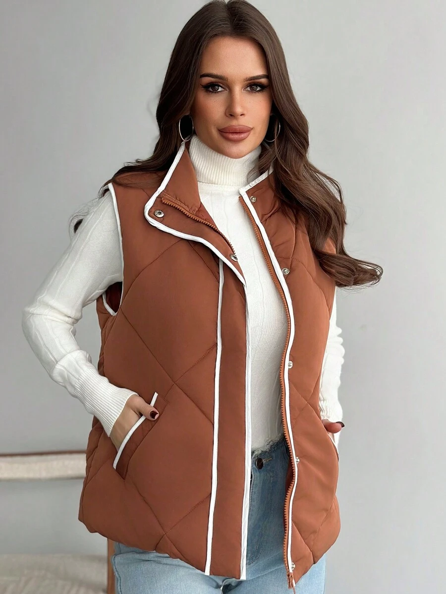 SHEIN Privé Women's Casual Warm Quilted Cotton Padded Vest With Contrasting Trim And Pockets, Suitable For Autumn/Winter Home Wear - Rust Brown - View 1