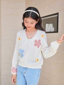 SHEIN Tween Girl Floral Pattern Button Front Cardigan - White - View 1