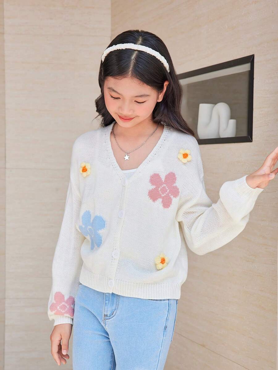 SHEIN Tween Girl Floral Pattern Button Front Cardigan - White - View 1
