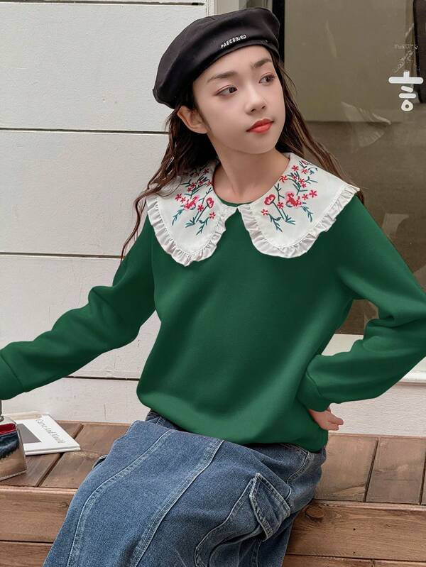 Tween Girls White Ruffle Collar Floral Print Color Block Sweatshirt