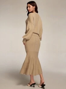 Modelyn 2pcs Solid Color Knitted Sweater Set - Long Sleeve Top And Mini Skirt, Casual Minimalist Outfit For Everyday Wear 2 Pieces Set