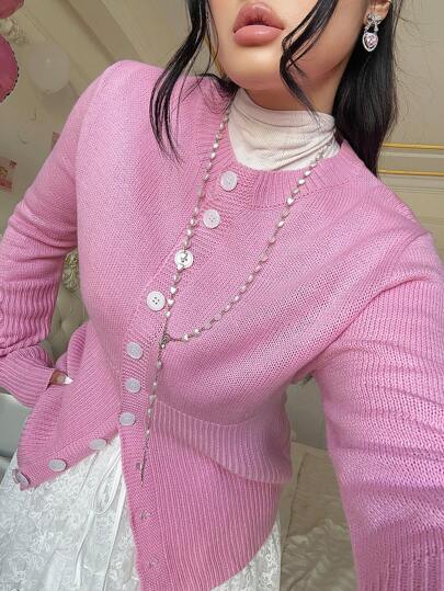 POPSWAY Fashionable & Versatile High-Quality Crew Neck Buttoned Long Sleeve Ladies Knitted Cardigan Sweater, In Pink Color With Valentine's Elements (Hearts, Polka Dots, Flowers, Etc.) Fall Cloth For Women