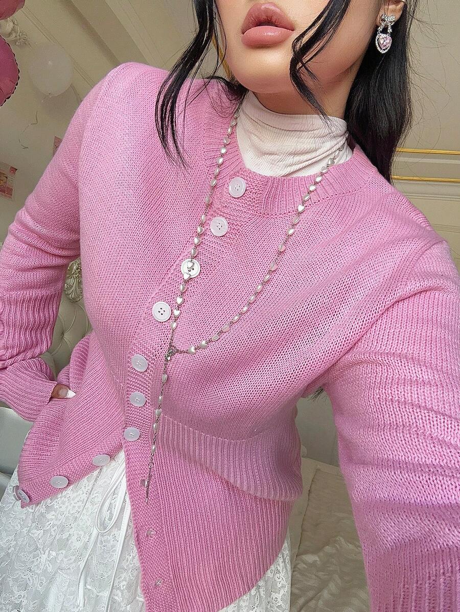 POPSWAY Fashionable & Versatile High-Quality Crew Neck Buttoned Long Sleeve Ladies Knitted Cardigan Sweater, In Pink Color With Valentine's Elements (Hearts, Polka Dots, Flowers, Etc.) Fall Cloth For Women - Pink - View 1