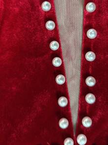 Elenzga 优雅天鹅绒与网眼拼接 V 领系腰珍珠装饰浪漫派对礼服，红色新年节日派对服装长款女士服装