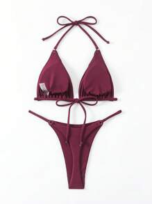 Conjunto de bikini para mujer con parte superior de cuello de halter y Bottom con nudo en la espalda, bikini de verano