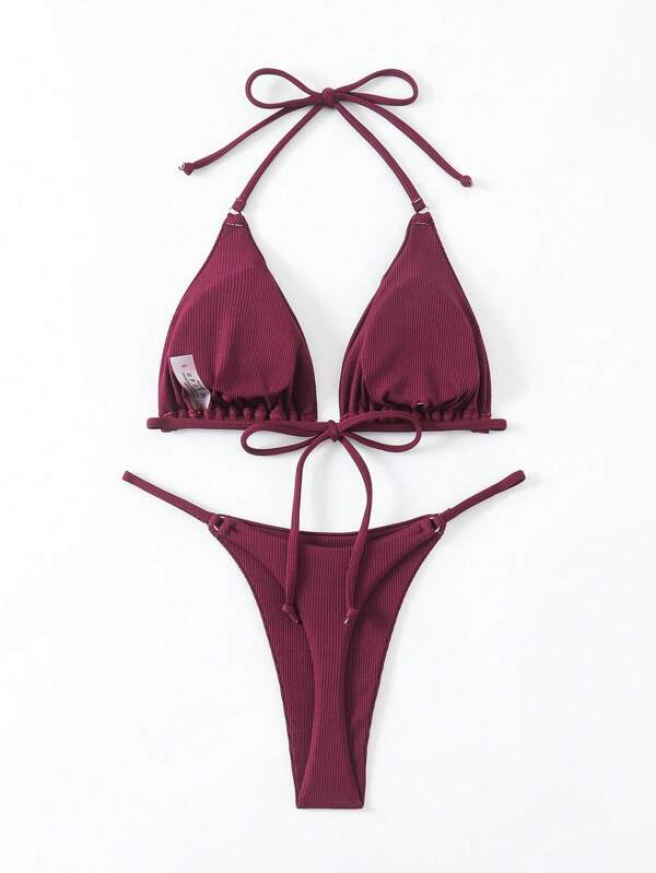 Set Bikini Femei Culoare Solidă, Tie Spate, Bikini De Vară