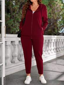EMERY ROSE Plus Size Women Autumn Sequin Patchwork Zipper Hoodie And Pants Casual 2 Pieces Set,Christmas Clothes Women,Christmas Clothes Women,New Years Women Outfit,Tracksuit Women,Vacation Outfits,Vacation Two Pieces Set