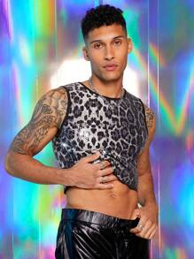 FeverCity Men's Printed Sequin Embroidered Cropped Tank Top - Multicolor - View 3