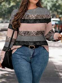 SHEIN LUNE Maglietta a maniche lunghe larga e ampia con stampa all-over, scollo rotondo, casual, per donne taglie forti, autunno/inverno