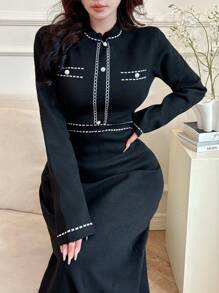 Modelyn 女士休闲撞色边针织毛衣裙，秋冬 - 黑與白 - 查看 4