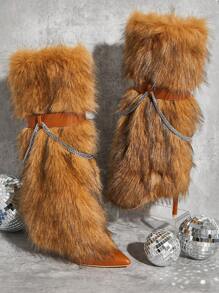 SHUZIA New Fluffy Vegan Leather Zipper Pointed Toe, Chain Decor Heeled Boots Holiday Vacay Vibe For And Summer Shoes Spring Shoes Spring Break Easter