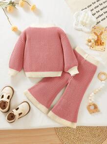 SHEIN Conjunto de 2 piezas de punto para bebé niña, jersey de bloques de color y pantalón holgado de punto de cintura elástica, para otoño/invierno - Multicolor - Ver 2