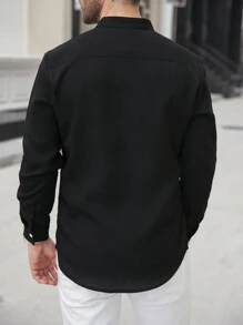 Manfinity Homme Men's Casual Business Commute Solid Color Long Sleeve Button-Up Shirt,Men's Solid Color Texture Casual Wrinkle Double Patch Bag Commuting Light Mature Long Sleeved Button Up Shirt, For Fall