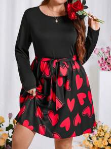 SHEIN Clasi Plus Size Heart Print Round Long Sleeve Belted Dress, For Spring, Valentine's Day - Red - View 6