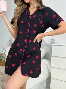 Colorblock Trim Heart Print Lapel Cardigan Women Nightgown