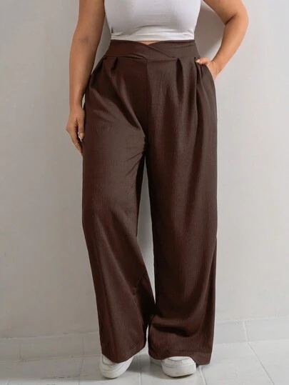 EURMUSE Plus Size Women's Casual Straight-Leg Chic Streetwear Versatile Belt-Detailed Pants