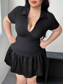 Flirla 大码女式黑色简约休闲日常罗纹领罩衫连衣裙 - 黑色 - 查看 7