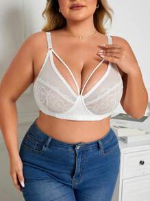Sujetador de encaje con refuerzos de talla grande, lencería de encaje inalámbrica sexy, ajustable para busto grande, otoño/invierno - Blanco - Ver 5