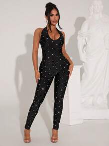 SHEIN SXY Women's Diamond Design Halter-Neck Skinny Jumpsuit - Black - View 4