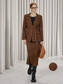 SHEIN Privé Women's Faux Suede Fur Collar Long Sleeve Jacket And Long Skirt Elegant 2 Pieces Set Fall Cloth For Women - Brown - View 1
