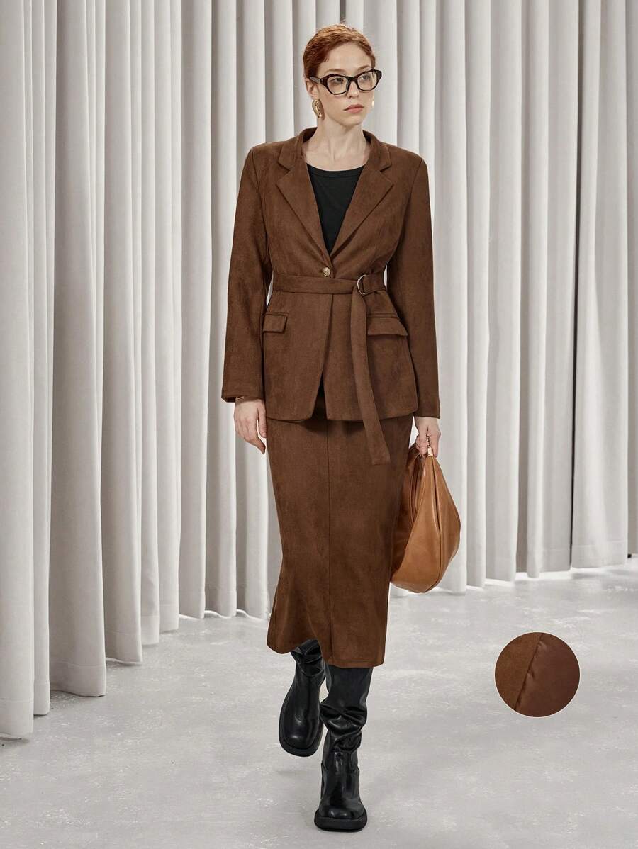 SHEIN Privé Women's Faux Suede Fur Collar Long Sleeve Jacket And Long Skirt Elegant 2 Pieces Set Fall Cloth For Women - Brown - View 1