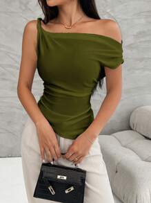 Firerie Women's Commuting Style Asymmetric Shoulder Ruffle Asymmetrical Hem Summer T-Shirt - Army Green - View 6