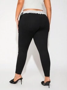 SHEIN SXY Plus Size Women Waist Tie With Floral Lace Decorative Leggings - Black - View 2
