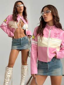 Muchica Women's Fall/Winter Y2K Color-Blocked Fitted Jacket