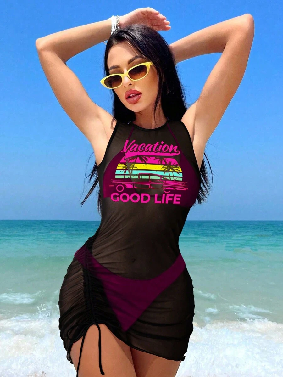 SHEIN Swim 3 件套女士海滩印花罩衫、胸罩和三角裤比基尼套装夏季 - 玫紅色 - 查看 1