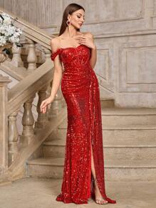 SHEIN Belle Vestido largo formal de mujer con hombros descubiertos, cintura ceñida y abertura lateral con lentejuelas - Rojo - Ver 5