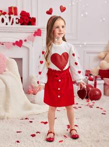 Set de 2 piezas con blusa con panel de malla decorado con estampado de corazón y mini falda para niñas, para el Día de San Valentín - Multicolor - Ver 7