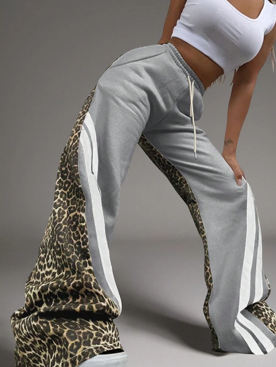 INAWLY 大码豹纹拼接高街休闲运动裤，腰部抽绳，百搭嘻哈风格