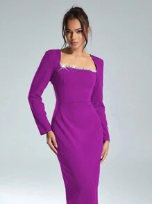 SHEIN Belle 女士优雅蓝色针织水钻装饰方领紧身派对连衣裙