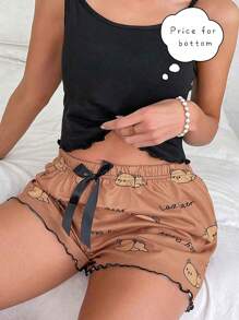 Pantalones cortos de pijama con estampado de letra y gráfico de dibujos animados con lazo al frente - Multicolor - Ver 1