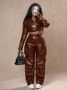 Slaydiva 女士街头风宽松工装裤 - 咖啡棕 - 查看 4