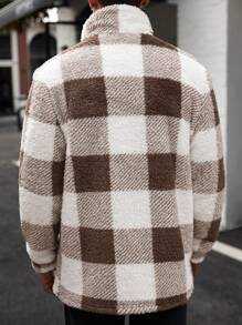 Manfinity Homme Men's Loose Fit Plaid Fleece Long Sleeve Single Breasted Casual Jacket, Autumn Winter,Men Flannel,Winter Men Jacket, Men Plaid Shacket, Men Checkered Jacket, Men Fleece Jacket, Men Brown And White Jacket - Khaki - View 2