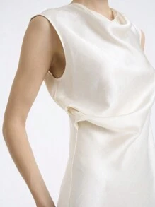 SHEIN LUNE Vestido largo de unicolor elegante con cuello drapeado y sin mangas para mujer - Beis - Ver 4