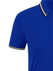 Manfinity Dauomo Kemeja Polo Kasual Lengan Pendek Pria dengan Trim Kontras dan Kancing Depan, untuk Golf - Royal Blue - View 3