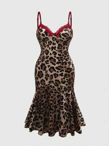 ROMWE Grunge Punk Vintage Y2K Gyaru Leopard Print Contrast Color Mermaid Cocktail Dress, Plus Size Women Party Dress For Valentine's Day, For Summer