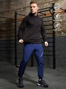 Manfinity Fitness 男士字母印花抽绳腰部锥形运动裤 - 藍色 - 查看 6