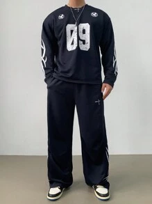 DAZY Conjunto de camiseta de manga larga y pantalón casual de impresión digital para hombres - Azul Marino - Ver 5