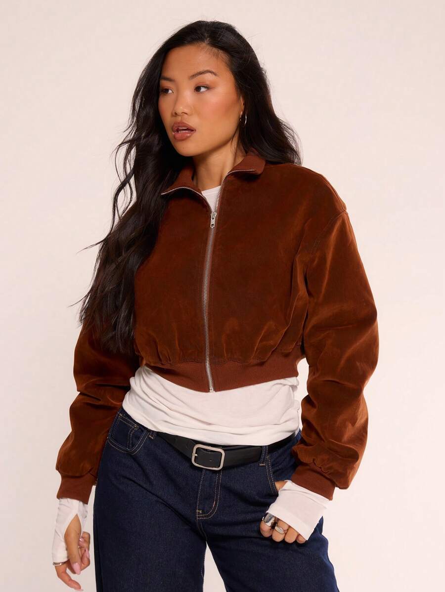 MUSERA Cropped High Neck Suede Bomber Jacket
