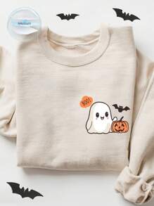 SHEIN Essnce 万圣节衬衫，女士万圣节衬衫，万圣节 T 恤，女士，女士，衬衫，万圣节，南瓜，鬼魂运动衫，万圣节 T 恤，可爱鬼魂衬衫，运动衫，休闲简约鬼魂印花图案宽松圆领长袖女士运动衫，秋冬季 - 杏色 - 查看 1