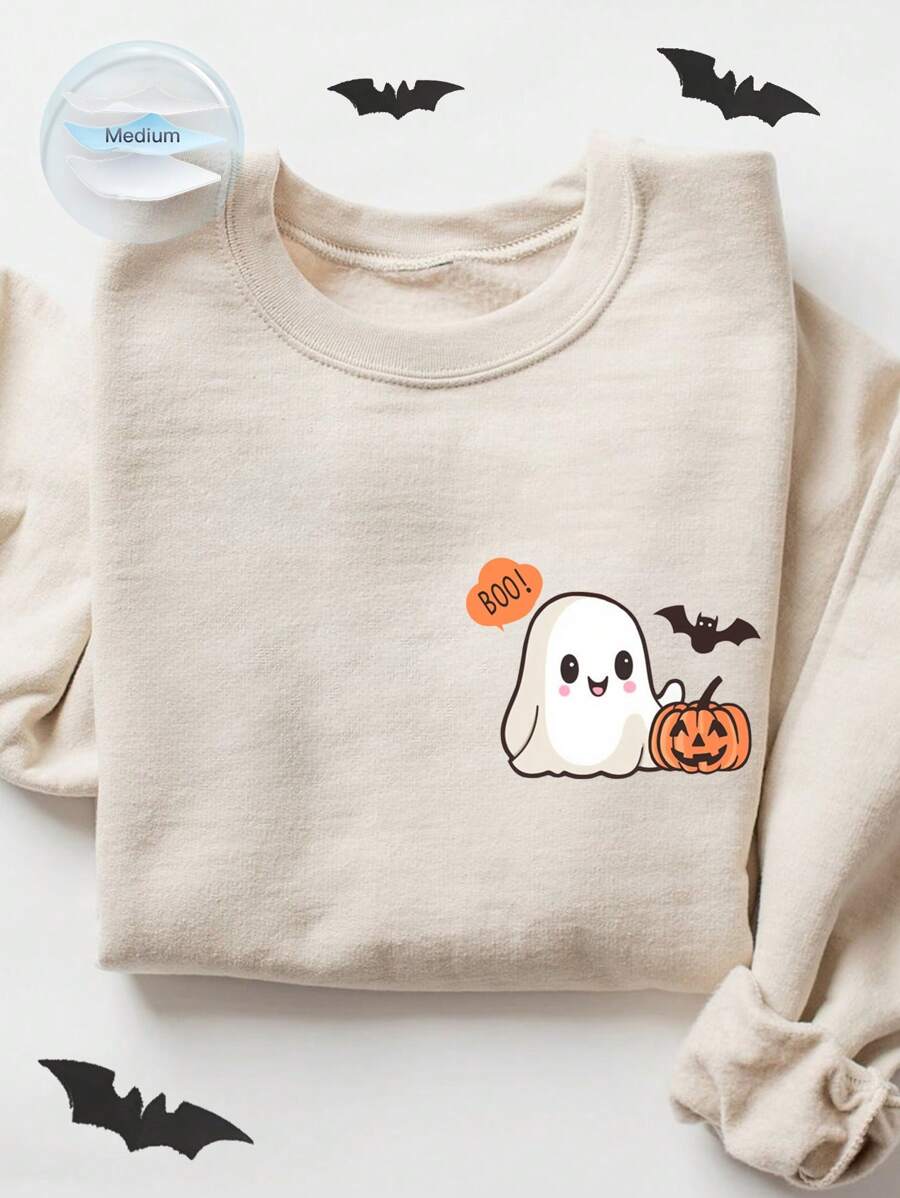 SHEIN Essnce 万圣节衬衫，女士万圣节衬衫，万圣节 T 恤，女士，女士，衬衫，万圣节，南瓜，鬼魂运动衫，万圣节 T 恤，可爱鬼魂衬衫，运动衫，休闲简约鬼魂印花图案宽松圆领长袖女士运动衫，秋冬季 - 杏色 - 查看 1