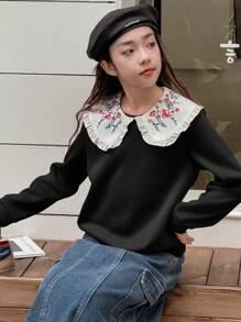 Áo nỉ in hoa cổ Peter Pan màu trắng cho bé gái màu đỏ - màu đen - Xem 1