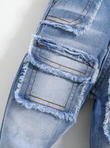 SHEIN Baby Boy Distressed Retro Raw Edges Cargo Pocket Skinny Jeans,Light Blue,Summer,Street Life Casual Graphic Street Fashion,Back-To-School Kids Denim - Light Wash - View 5