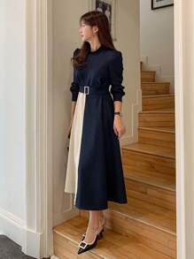 DAZY Vestido de gasa elegante con empalme de color contrastante, vestido de otoño - Azul Marino - Ver 6