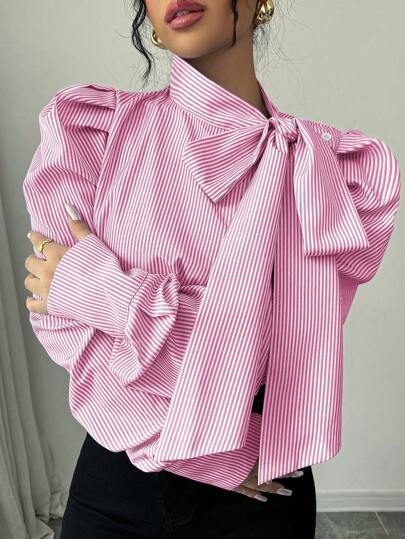 Elenzga Long Sleeve Striped Shirt With Bowknot Gigot Sleeve, Fashionable & Versatile