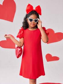 Vestido línea A con cuello redondo para niñas preadolescentes, con decoración de malla 3D y parches, en color rojo, adecuado para Año Nuevo, salidas, fiestas y todas las estaciones